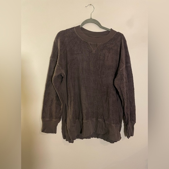 Aerie Brown Textured Soft Crew Neck Sweatshirt with Slits - Picture 1 of 4